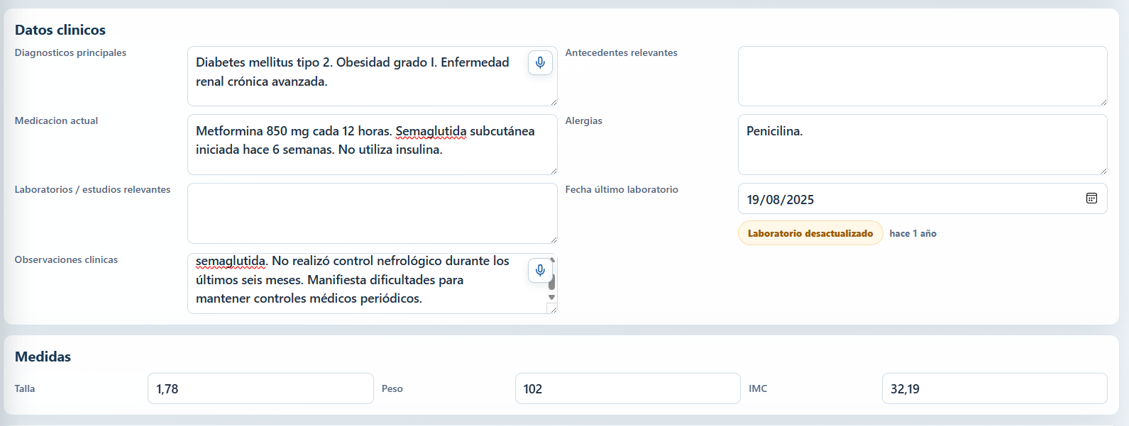 Datos clínicos organizados después del procesamiento