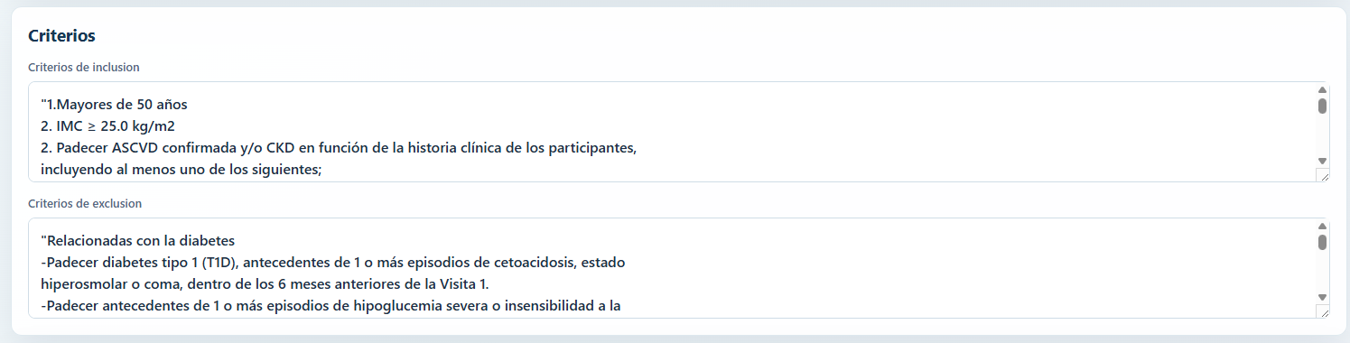 Detalle de criterios de inclusión y exclusión