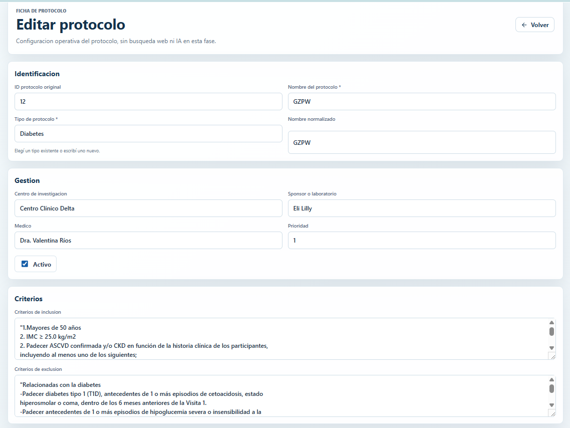 Ficha editable de un protocolo clínico
